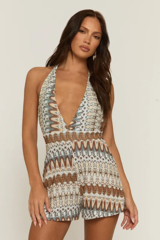 Brown Printed Halterneck Playsuit - Selena sold by Rebellious Fashion