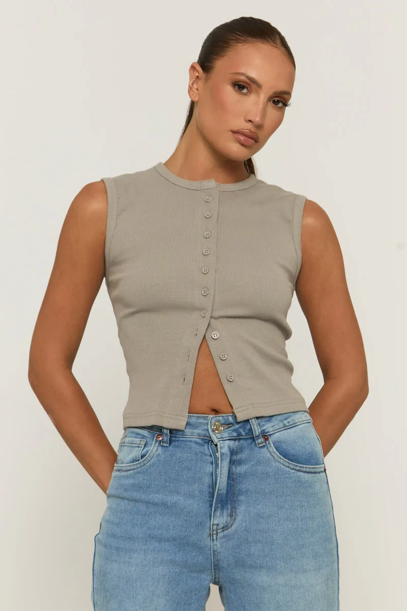 Dove Grey Sleeveless Button Up Rib Top - Nikolina sold by Rebellious Fashion