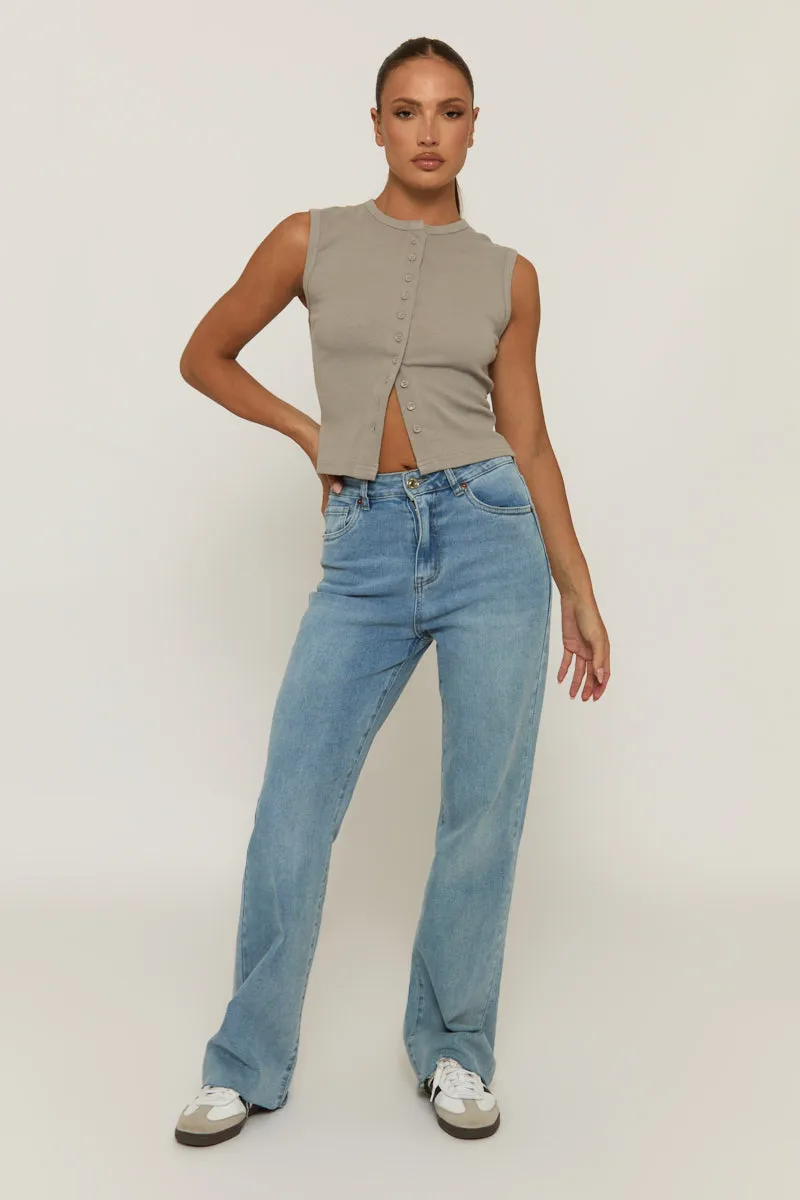 Dove Grey Sleeveless Button Up Rib Top - Nikolina sold by Rebellious Fashion product image thumbnail 2