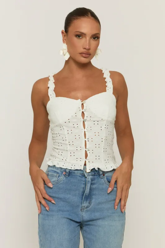 White Broderie Button Front Top - Bali sold by Rebellious Fashion
