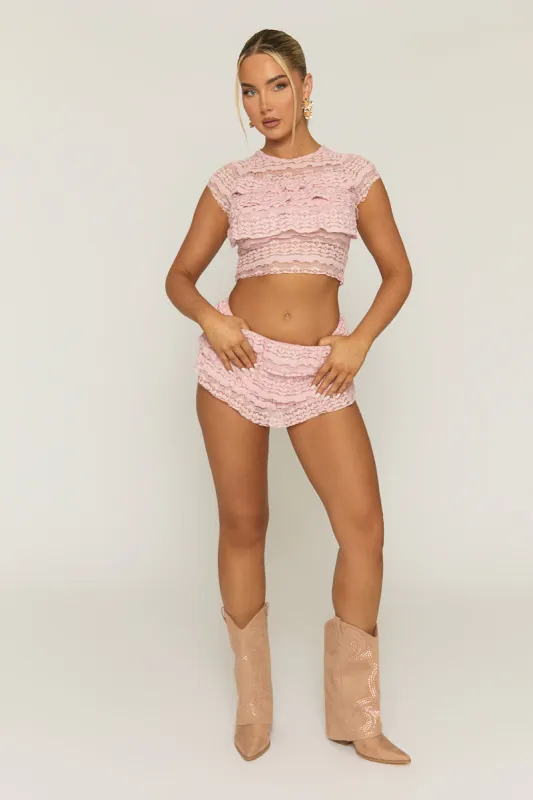 Pink Lace Frill Detail Crop Top & shorts Co-ord Set - Camalia sold by Rebellious Fashion