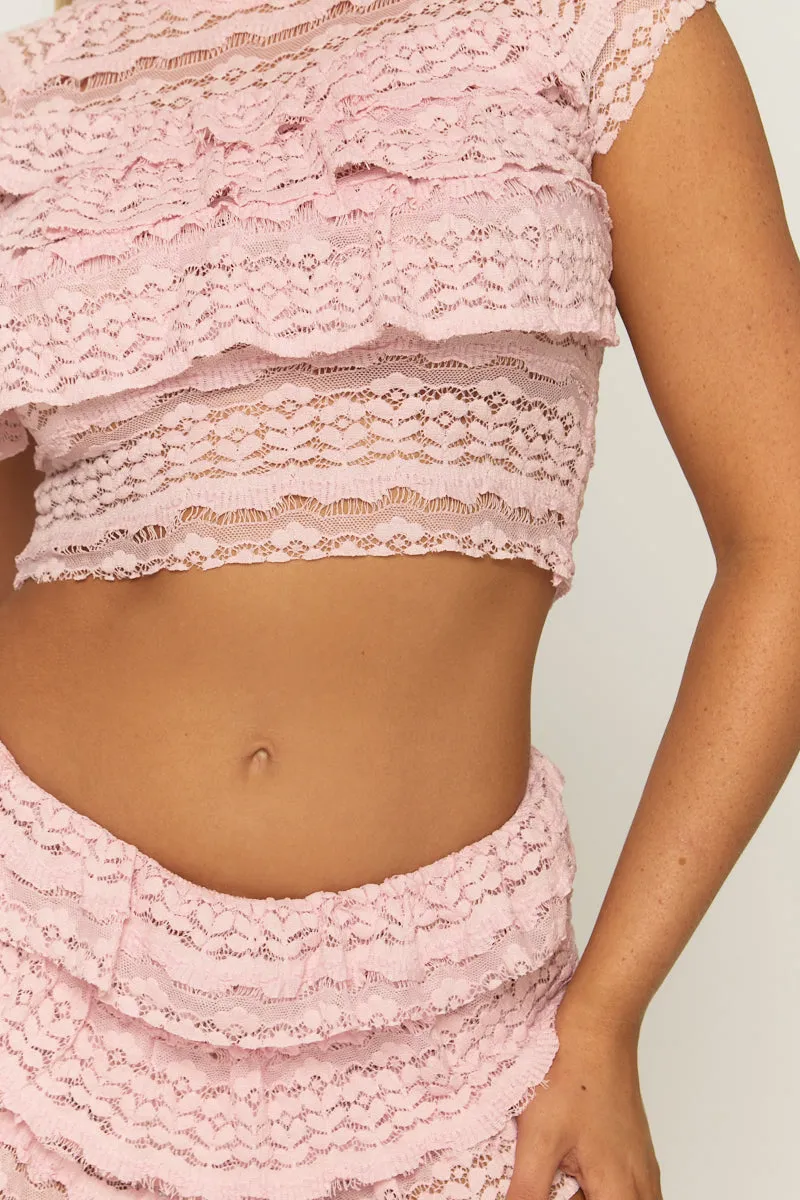 Pink Lace Frill Detail Crop Top & shorts Co-ord Set - Camalia sold by Rebellious Fashion product image thumbnail 4