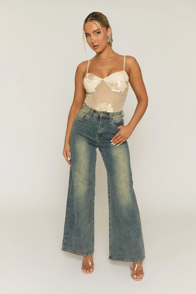 Beige Floral Embroidered Mesh Bodysuit - Rouen sold by Rebellious Fashion product image thumbnail 2