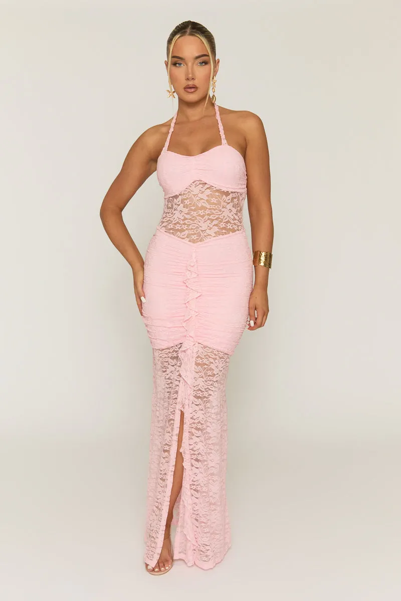 Pink Lace Ruffle Front Maxi Dress - Seol sold by Rebellious Fashion