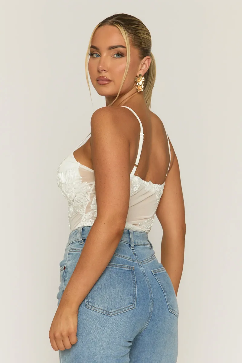 White Floral Embroidered Mesh Bodysuit - Rouen sold by Rebellious Fashion product image thumbnail 4