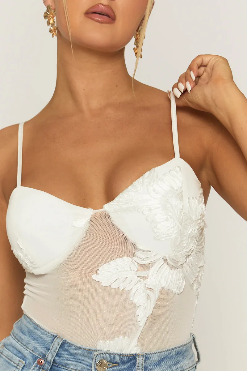White Floral Embroidered Mesh Bodysuit - Rouen sold by Rebellious Fashion product image thumbnail 3