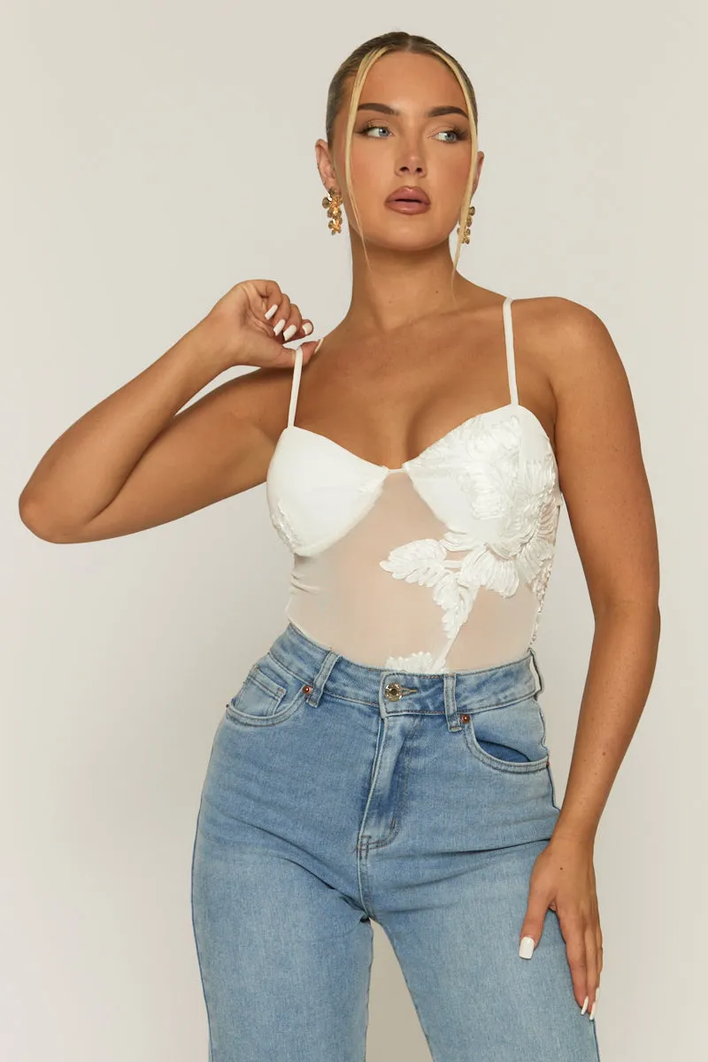 White Floral Embroidered Mesh Bodysuit - Rouen sold by Rebellious Fashion