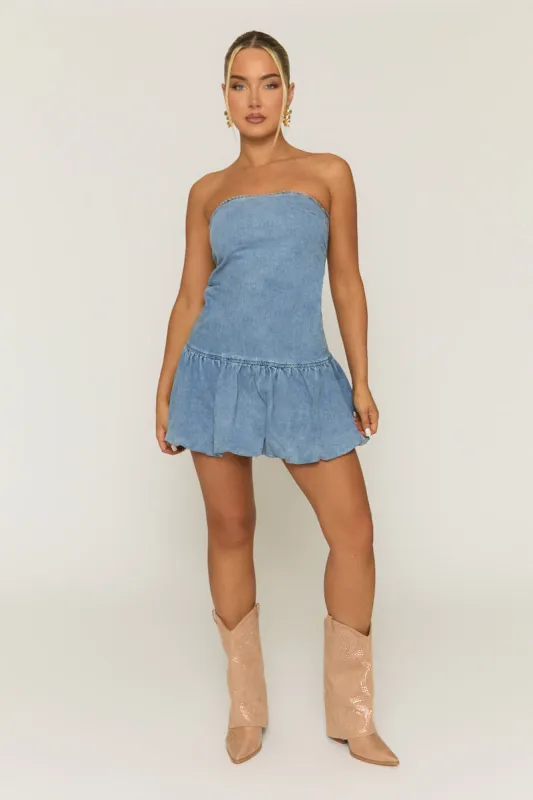 Acid Wash Blue Denim Puffball Mini Dress - Venice made by Rebellious Fashion