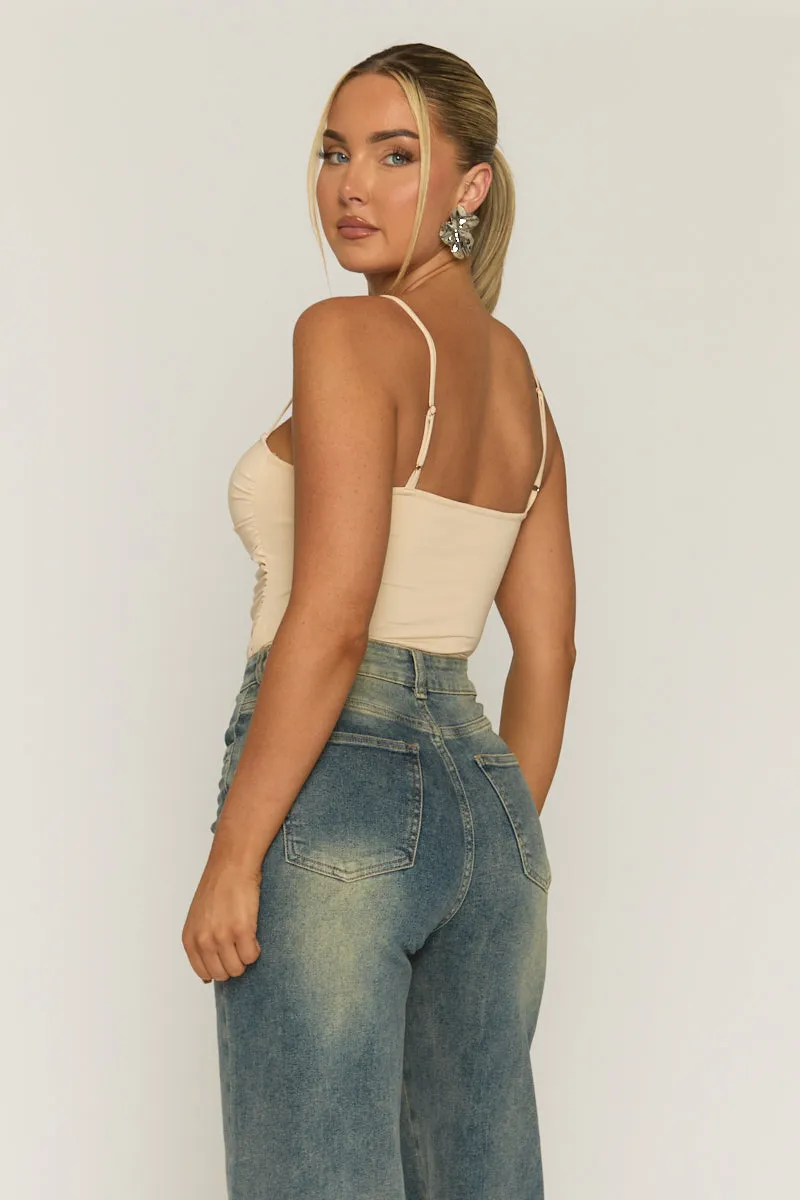 Beige Ruched Front Padded Bust Bodysuit - Budapest sold by Rebellious Fashion product image thumbnail 4