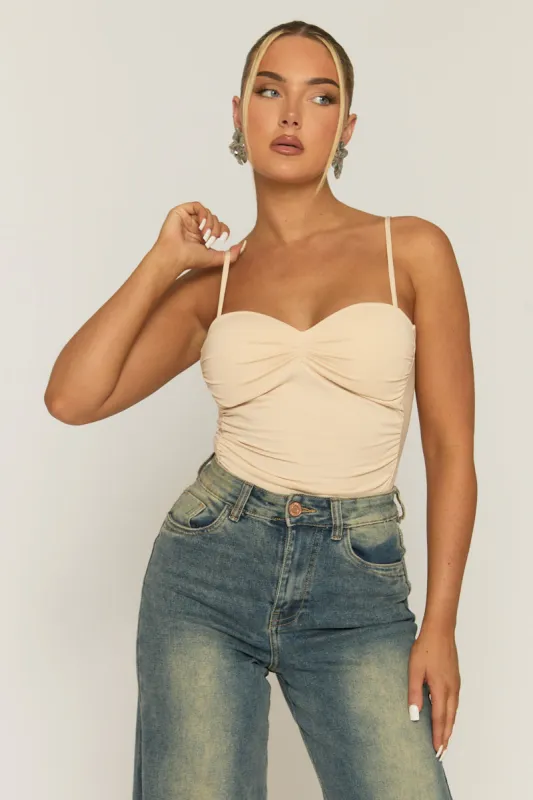 Beige Ruched Front Padded Bust Bodysuit - Budapest sold by Rebellious Fashion