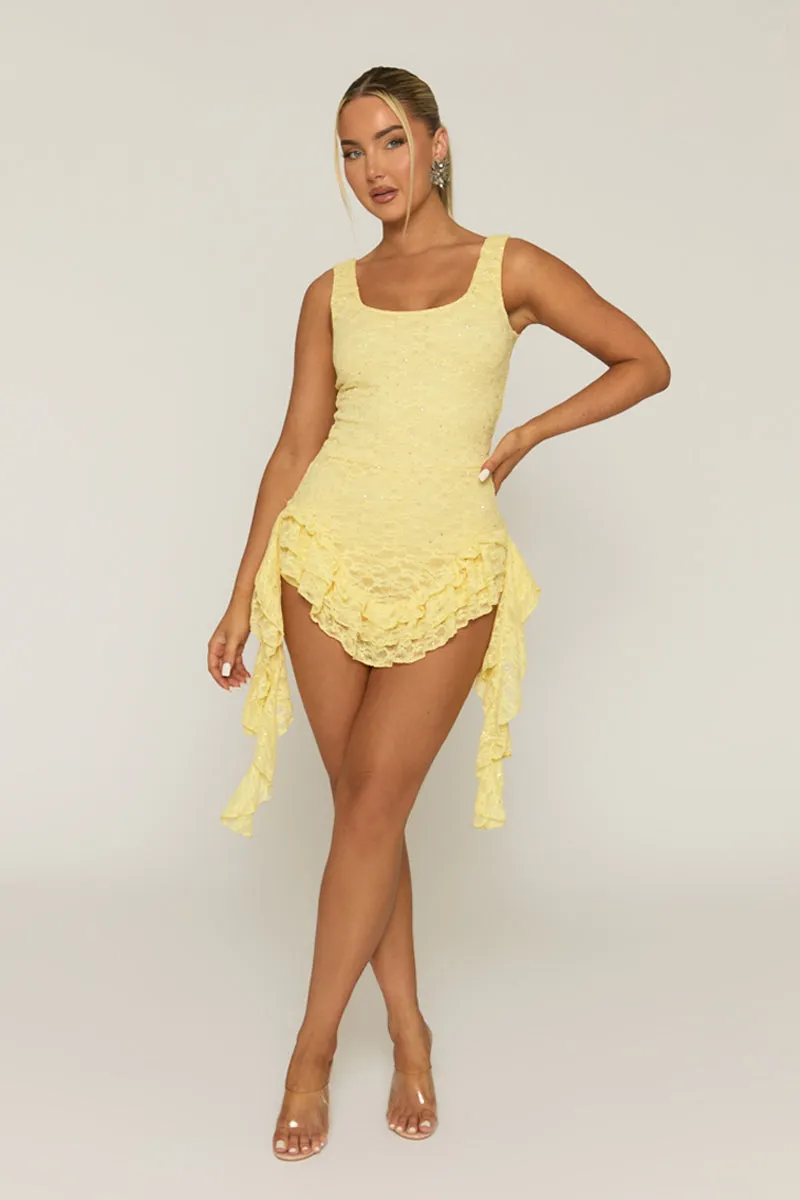 Yellow Diamante Lace Ruffle Playsuit - Madrid sold by Rebellious Fashion product image thumbnail 3
