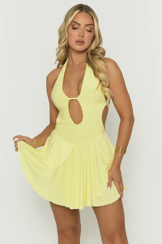 Yellow Halterneck Plunge Frill Hem Mini Dress - Catonia sold by Rebellious Fashion