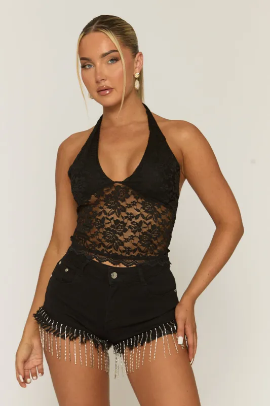 Black Fringe Diamante Denim Shorts - Etty sold by Rebellious Fashion