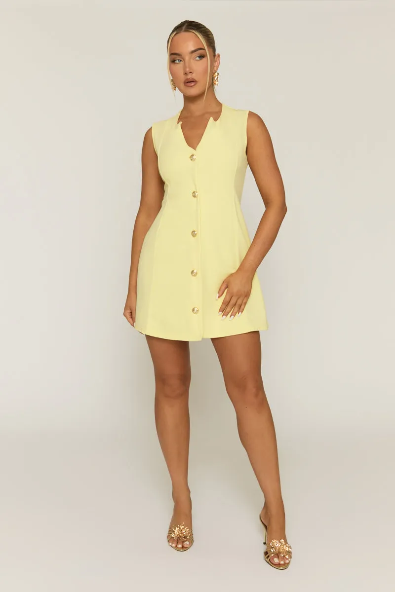 Yellow Tailored Gold Button Detail Mini Dress - Bari sold by Rebellious Fashion