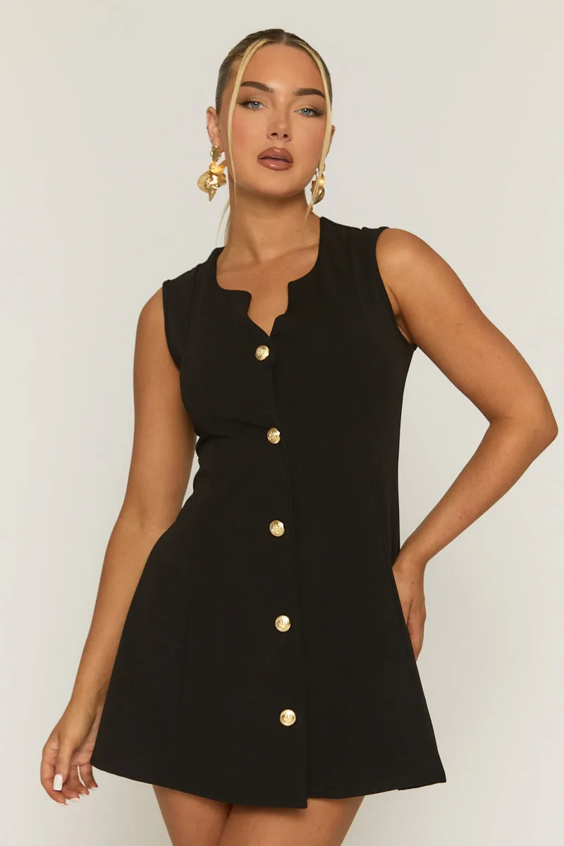 Black Tailored Gold Button Detail Mini Dress - Bari sold by Rebellious Fashion