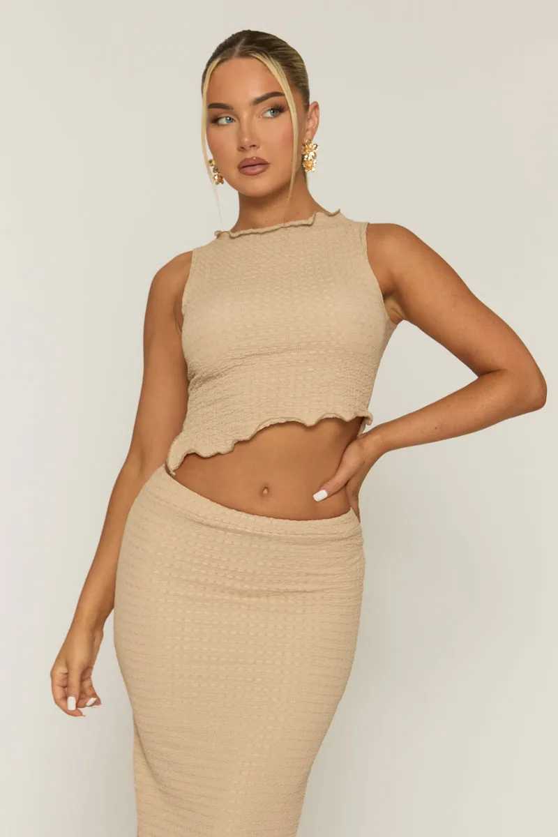 Beige Crinkle Asymmetric Top and Maxi Skirt Co-ord Set - Vegas sold by Rebellious Fashion product image thumbnail 2
