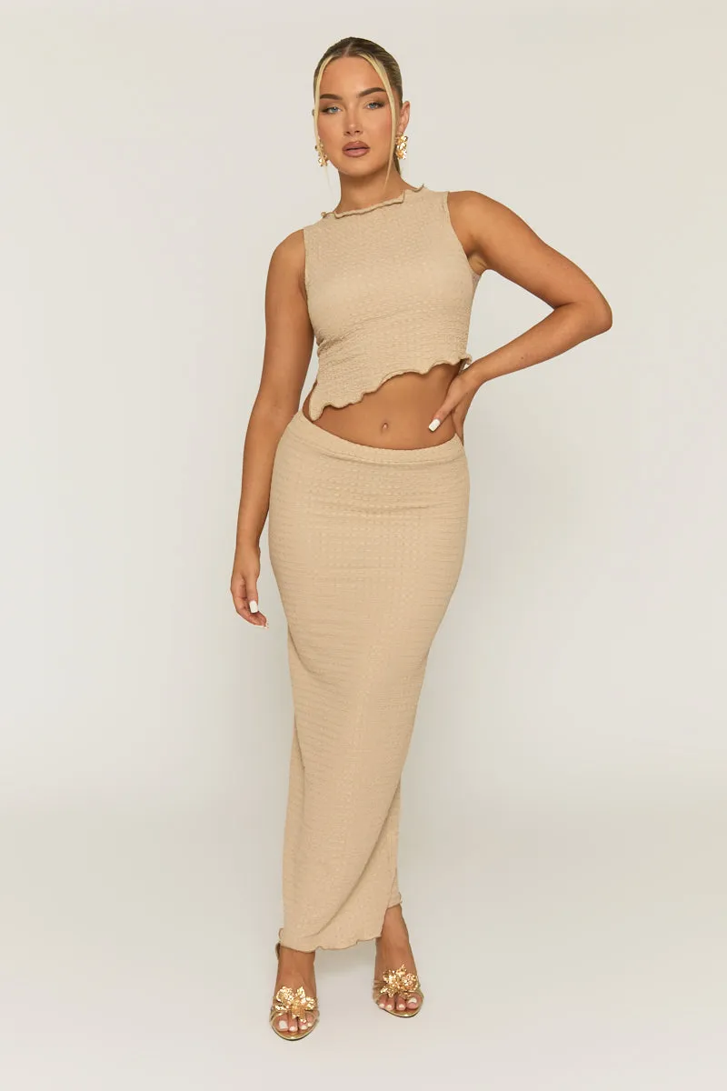 Beige Crinkle Asymmetric Top and Maxi Skirt Co-ord Set - Vegas sold by Rebellious Fashion
