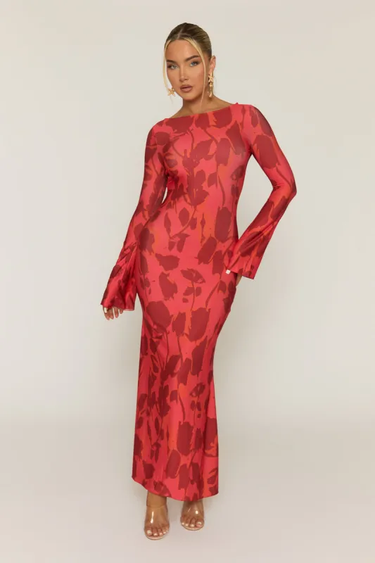 Red Floral Print Flare Sleeve Maxi Dress - Monaco sold by Rebellious Fashion