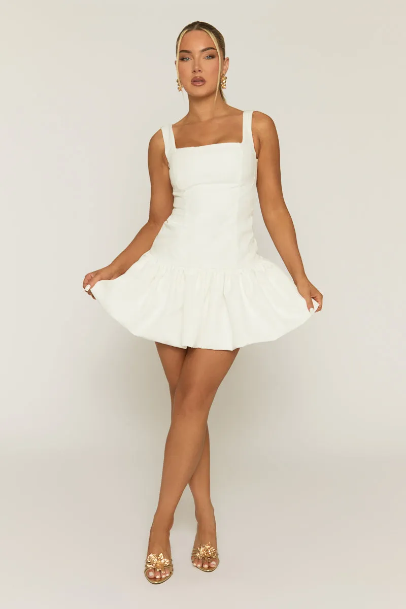 White Woven Square Neck Ruffle Hem Mini Dress - Colmar sold by Rebellious Fashion
