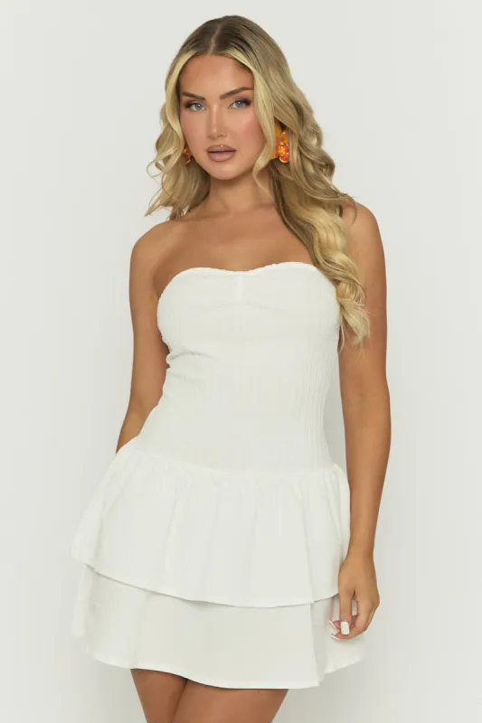 White Textured Frill Hem Bandeau Mini Dress - Kassey sold by Rebellious Fashion