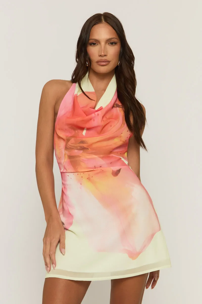 Yellow Floral Print Cowl Neck Mini Dress - Argen sold by Rebellious Fashion product image thumbnail 2