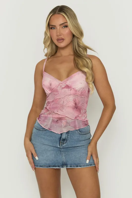 Pink Floral Mesh Asymmetric Cami Top - Carrelene sold by Rebellious Fashion