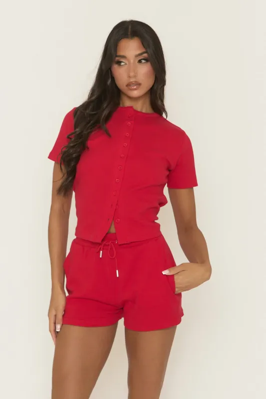 Red Rib Button Front Top and Short Co-ord Set - Dua sold by Rebellious Fashion