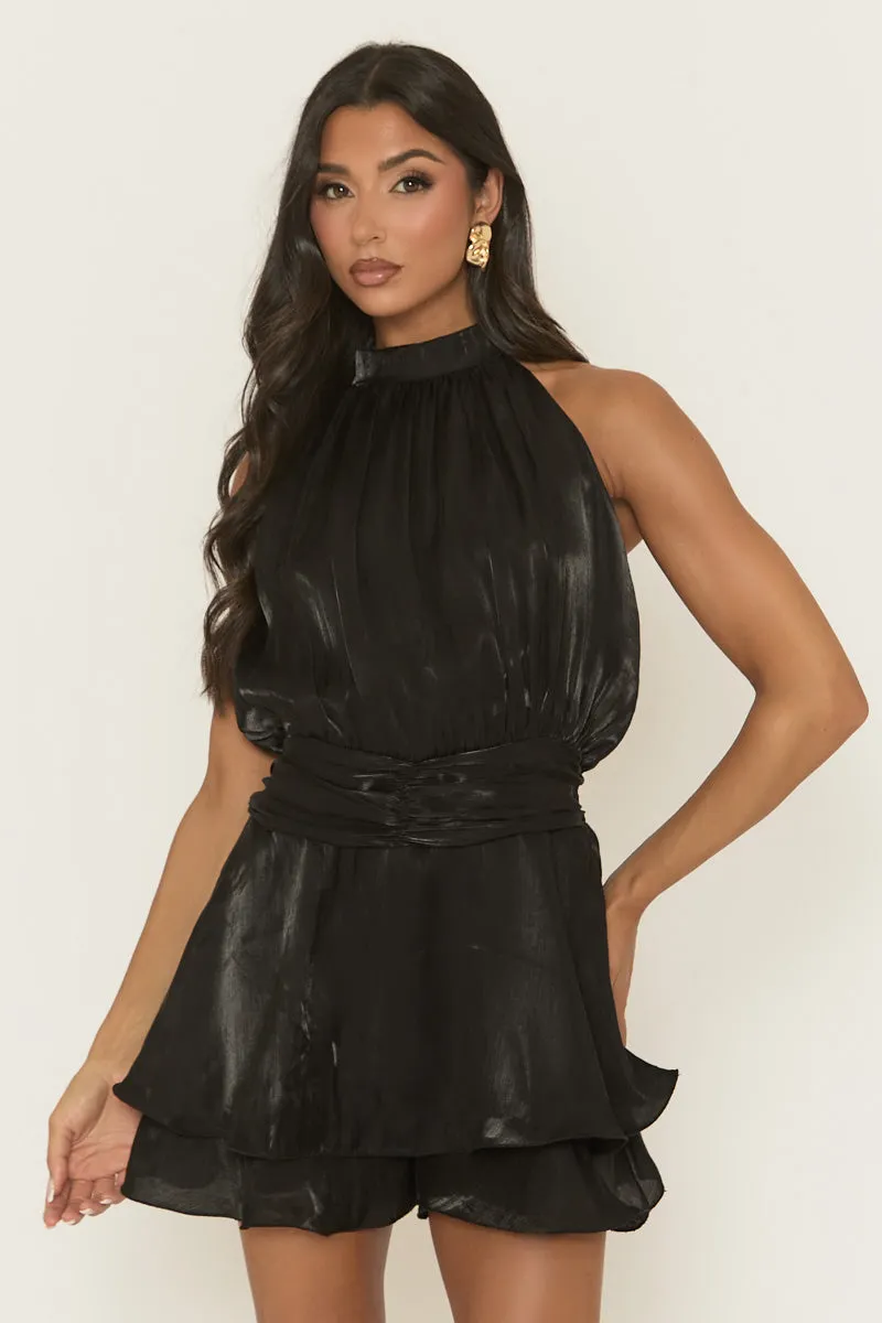 Black High Neck Blouson Playsuit - Kaycee sold by Rebellious Fashion