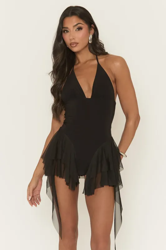 Black Halter Neck Frill Hem Playsuit - Nelya sold by Rebellious Fashion