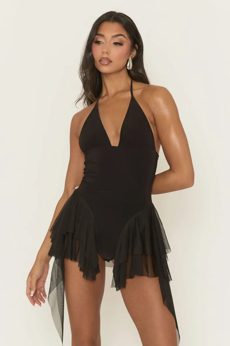 Black Halter Neck Frill Hem Playsuit - Nelya sold by Rebellious Fashion product image thumbnail 5