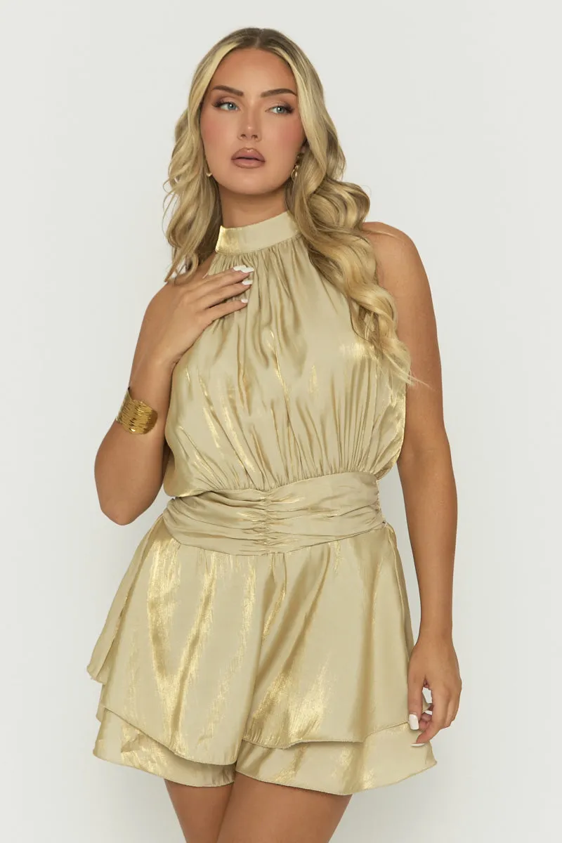 Beige High Neck Blouson Playsuit - Kaycee sold by Rebellious Fashion