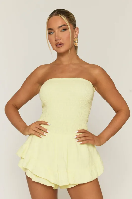 Butter Yellow Shirred Textured Ruffle Playsuit - Annie sold by Rebellious Fashion