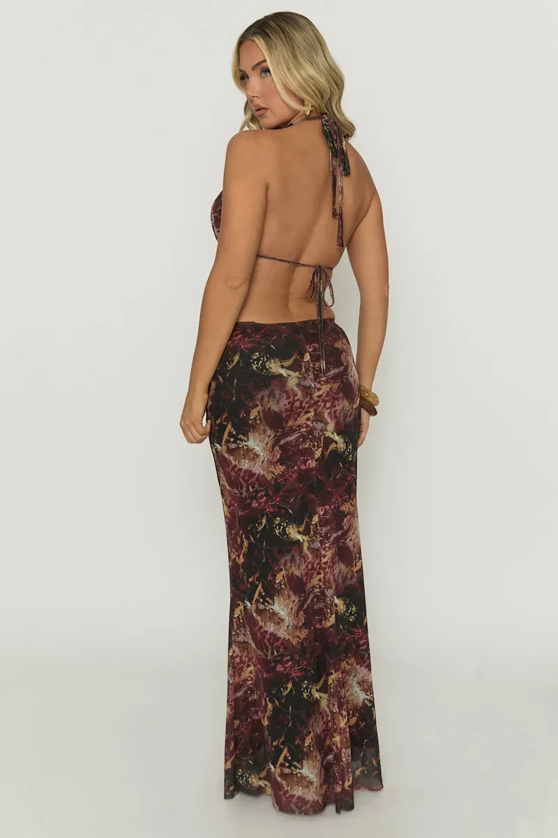 Brown Printed Mesh Gold Trim Maxi Dress - Elsae sold by Rebellious Fashion product image thumbnail 3