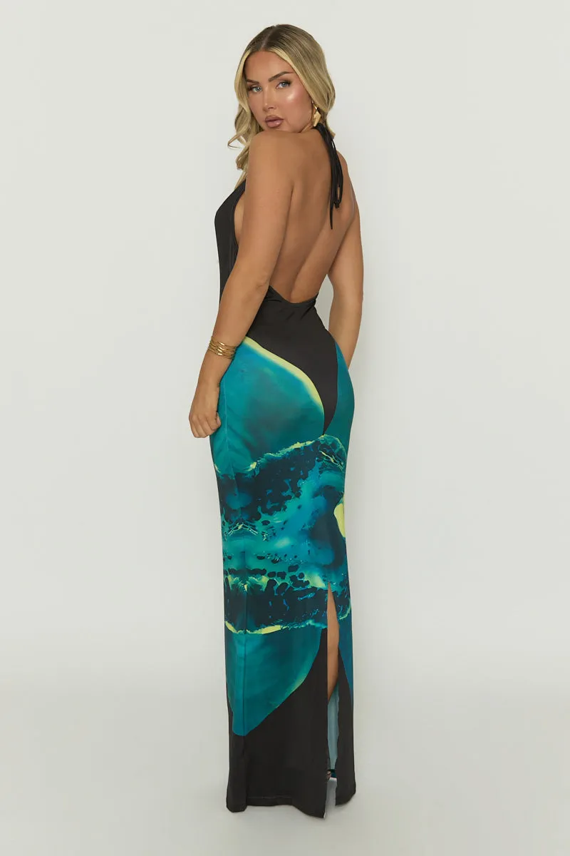 Black Floral Print Plunge Halterneck Maxi Dress - Arella sold by Rebellious Fashion product image thumbnail 4