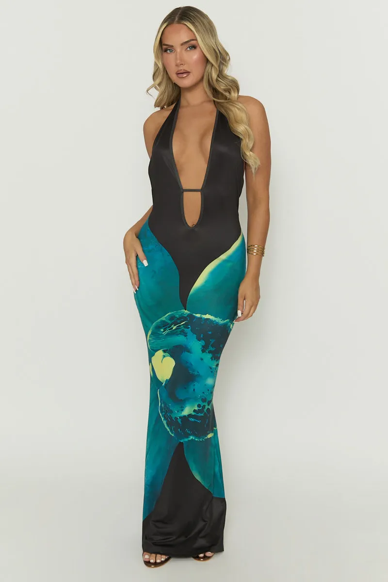 Black Floral Print Plunge Halterneck Maxi Dress - Arella sold by Rebellious Fashion