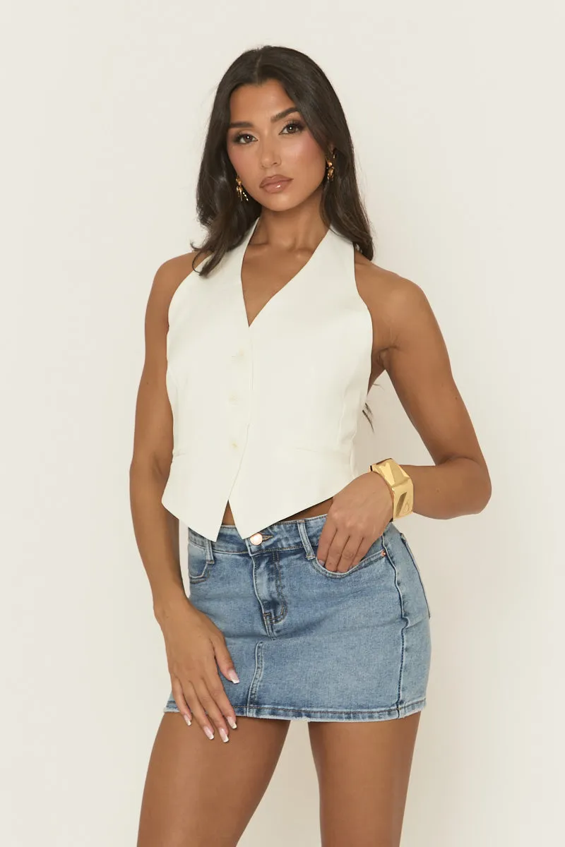 White Halterneck Woven Waistcoat - Marika sold by Rebellious Fashion product image thumbnail 5