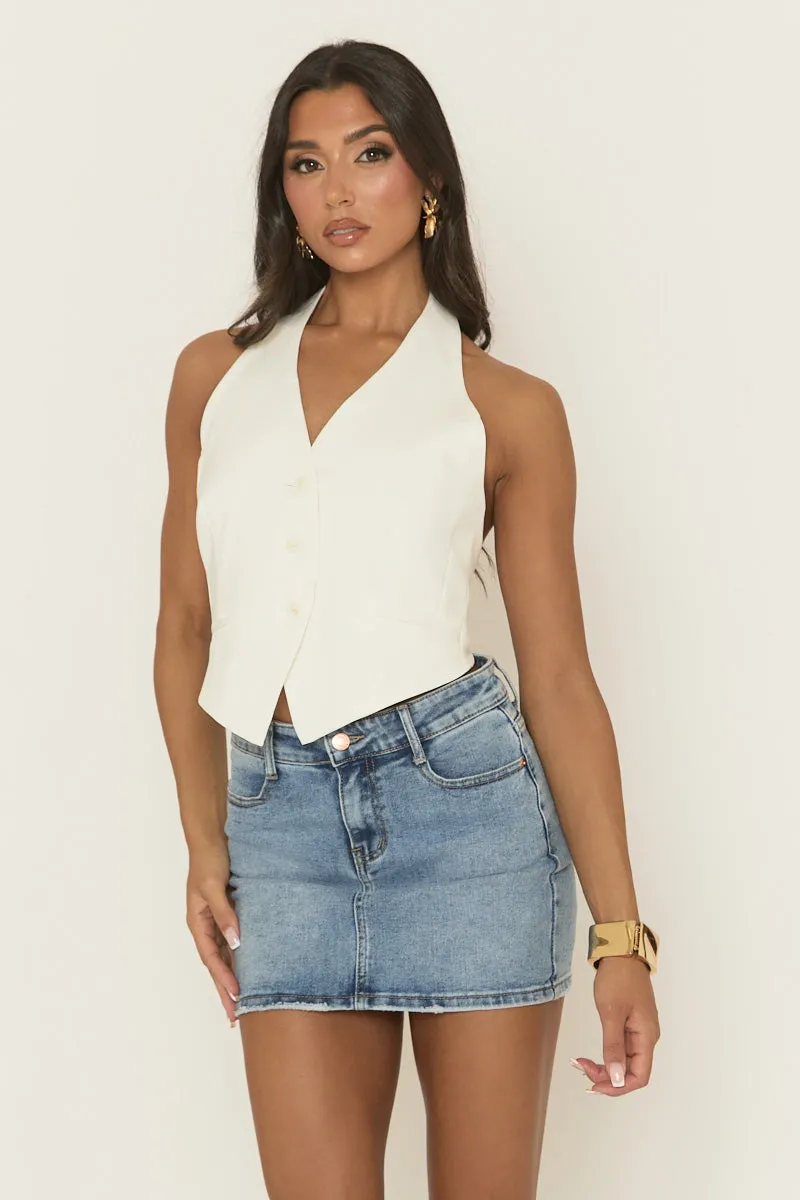 White Halterneck Woven Waistcoat - Marika sold by Rebellious Fashion