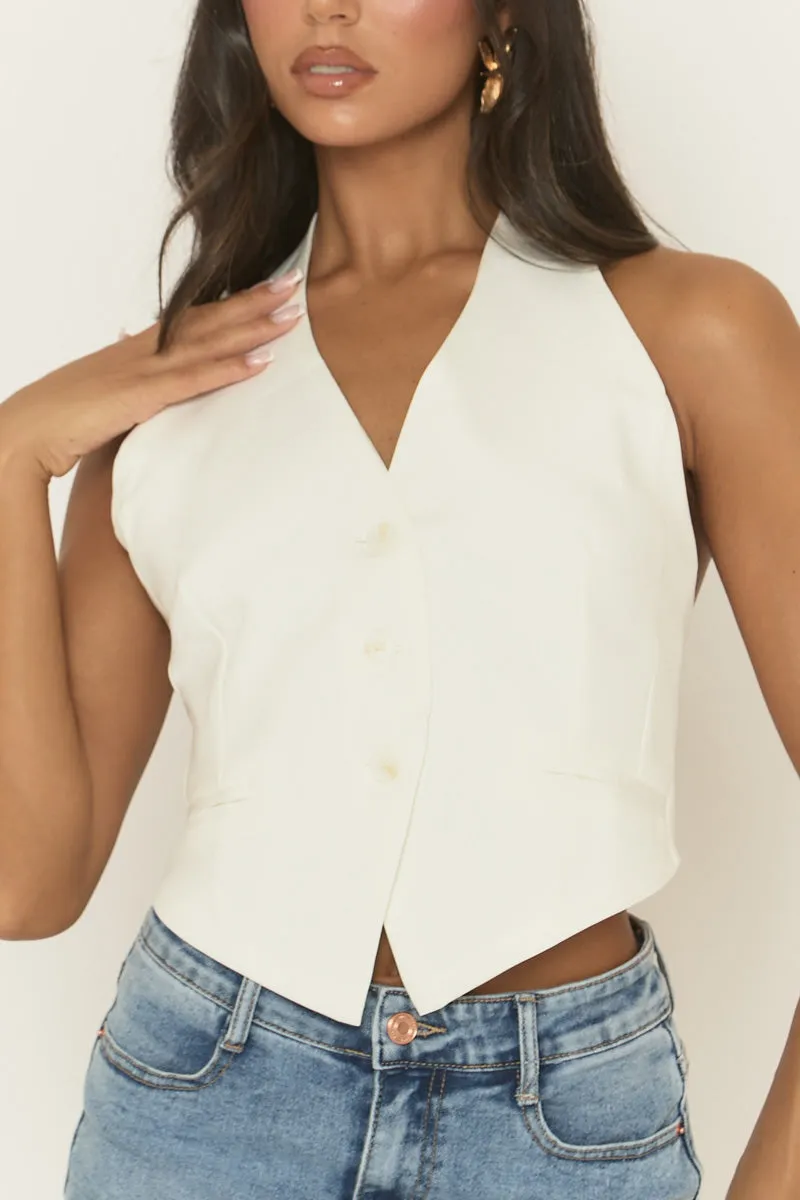 White Halterneck Woven Waistcoat - Marika sold by Rebellious Fashion product image thumbnail 3