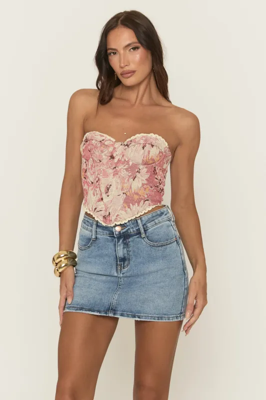 Pink Floral Lace Trim Corset - Avalon sold by Rebellious Fashion
