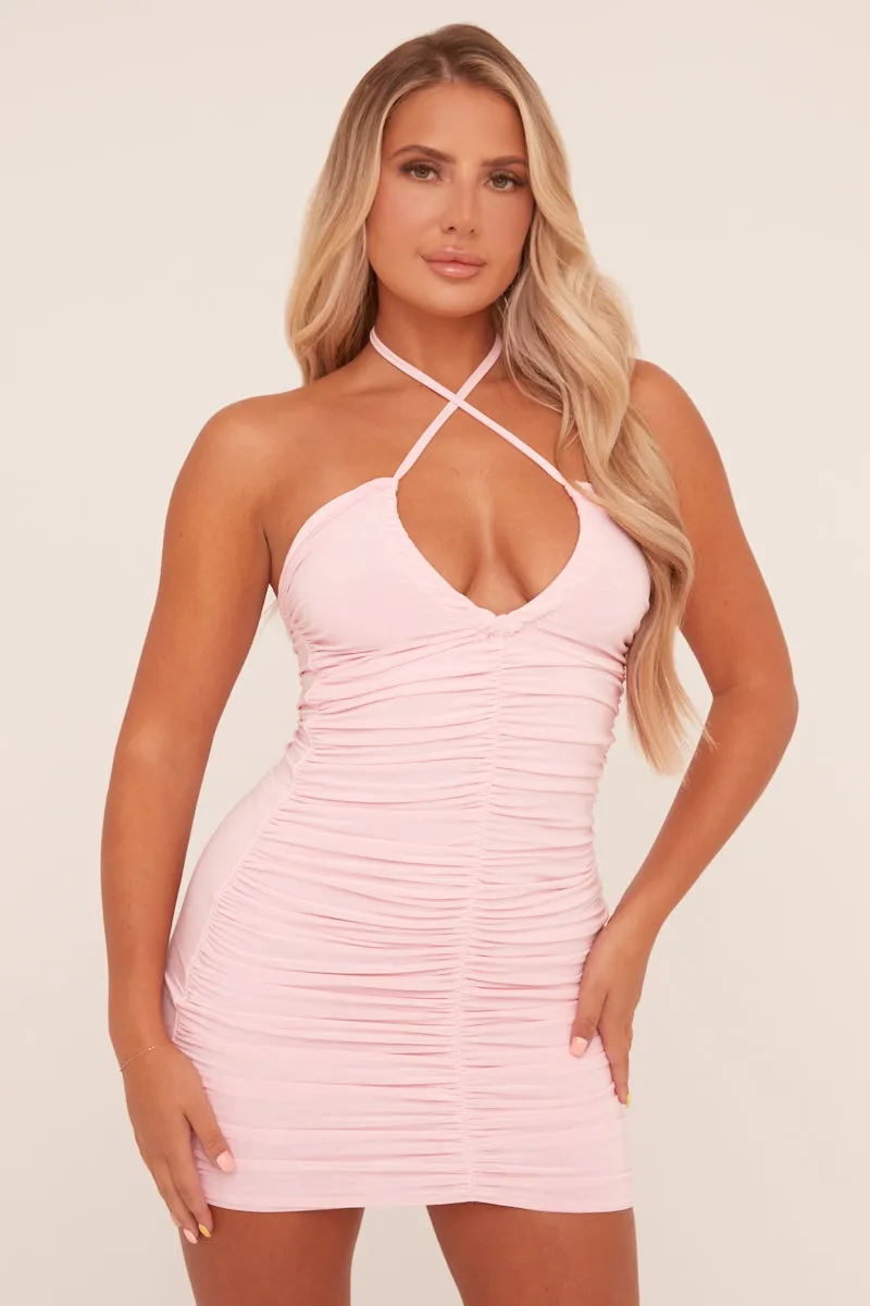 Pink Bandeau Ruched Tie Detail Bodycon Mini Dress - Damian sold by Rebellious Fashion product image thumbnail 3