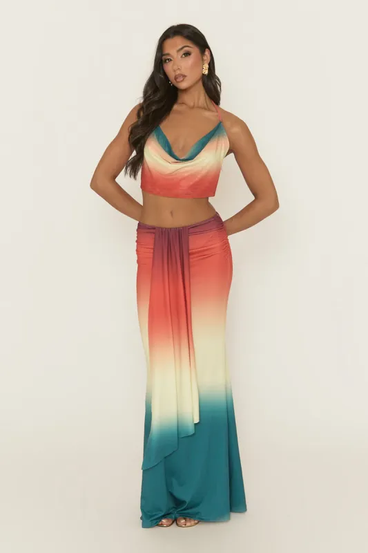 Multi Ombre Print Cowl Halterneck Top and Maxi Skirt Co-Ord Set - Charleen sold by Rebellious Fashion
