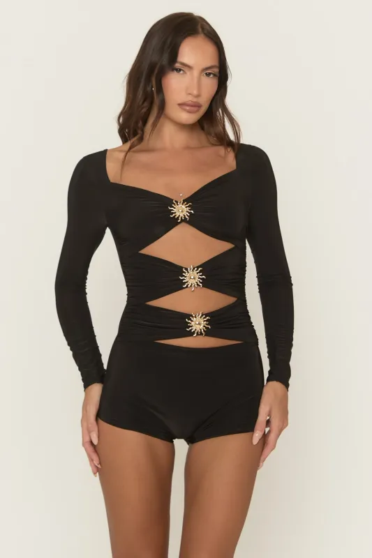 Black Cut Out Trim Detail Playsuit - Taryn sold by Rebellious Fashion