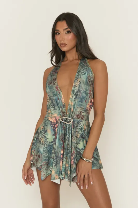 Green Multi Printed Asymmetric Waterfall Trim Mini Dress - Evvie sold by Rebellious Fashion
