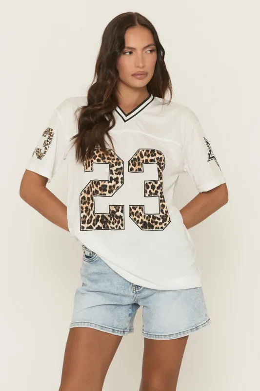 White Leopard Print Oversized Varsity Football T-Shirt - Arla sold by Rebellious Fashion