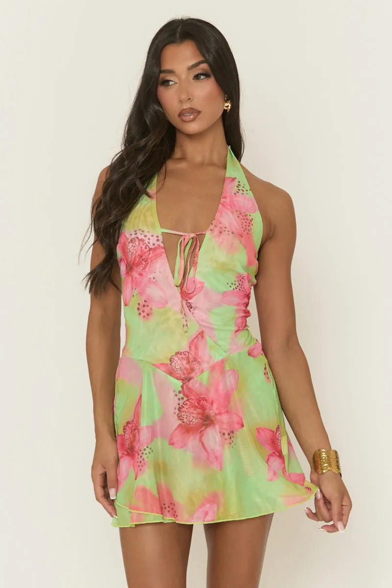 Green Floral Print Tie Front Halterneck Mini Dress - Olivette sold by Rebellious Fashion
