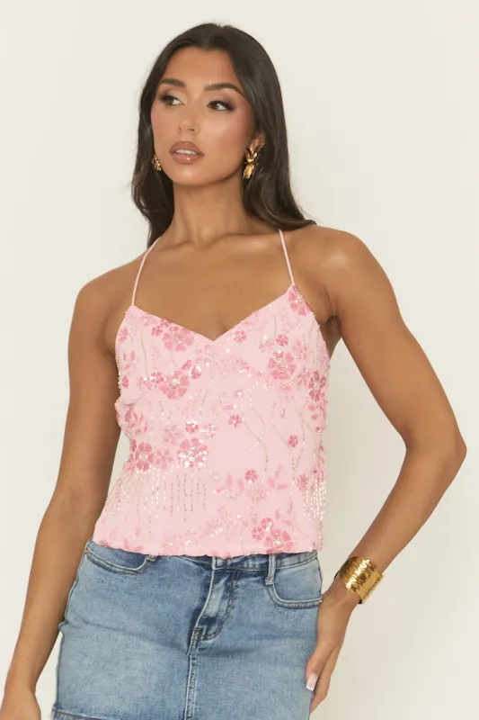 Pink Sequin Beaded Tie Back Top - Laureen sold by Rebellious Fashion