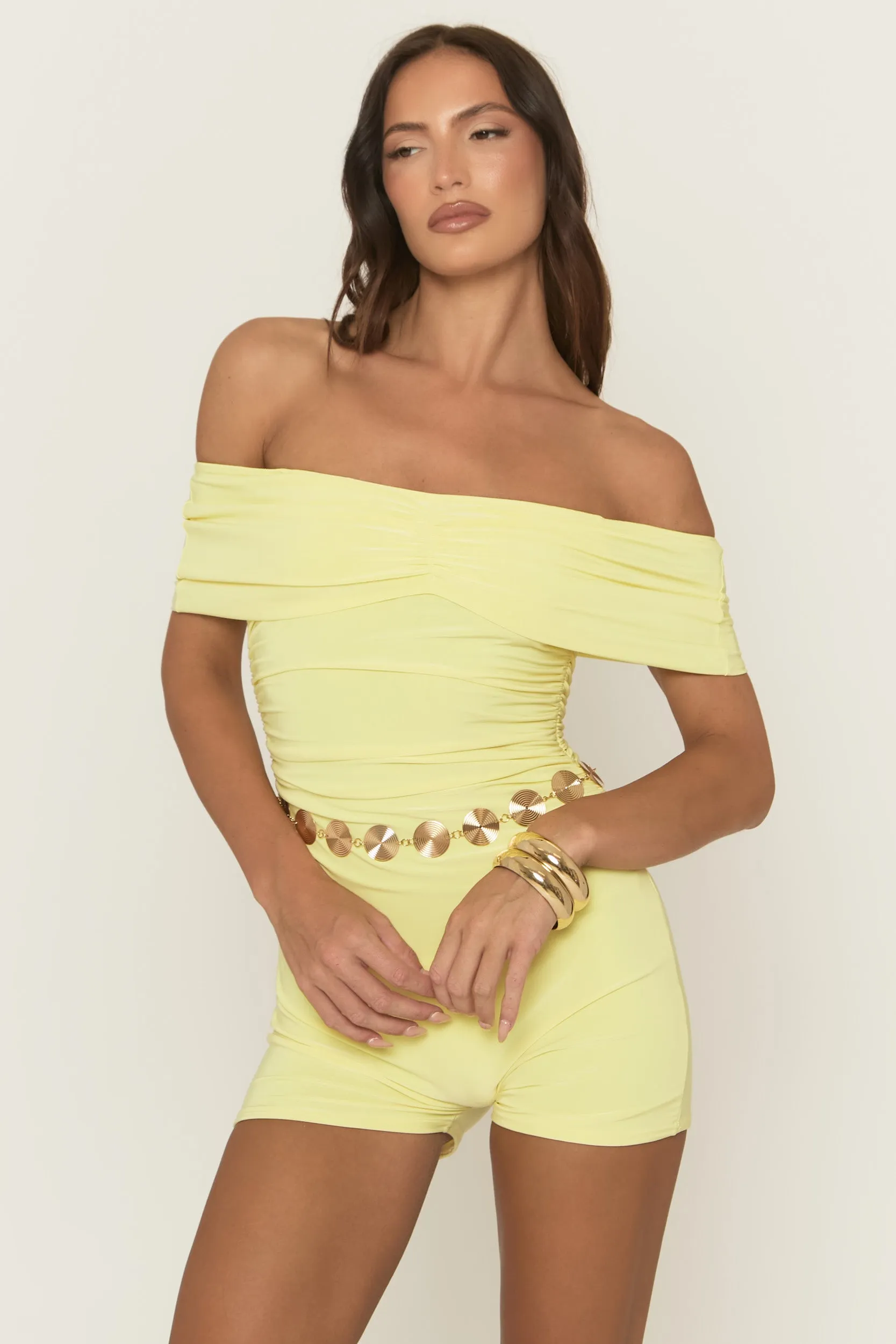 Yellow Bardot Ruched Detail Playsuit - Raquel sold by Rebellious Fashion product image thumbnail 5