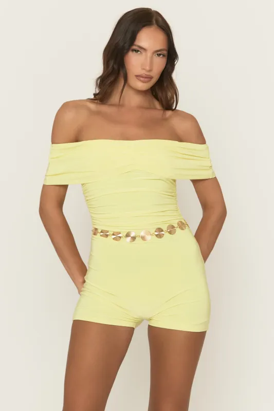Yellow Bardot Ruched Detail Playsuit - Raquel sold by Rebellious Fashion