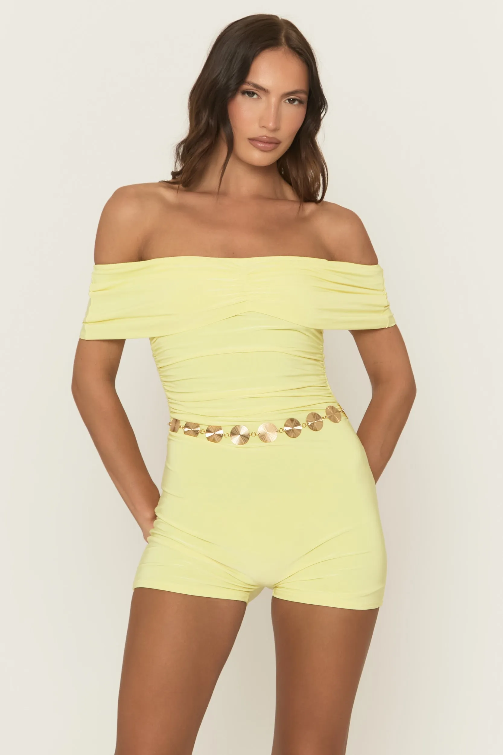 Yellow Bardot Ruched Detail Playsuit - Raquel sold by Rebellious Fashion