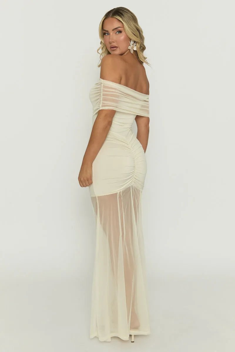 Ivory Mesh Ruched Front Bardot Maxi Dress - Juanna sold by Rebellious Fashion product image thumbnail 4